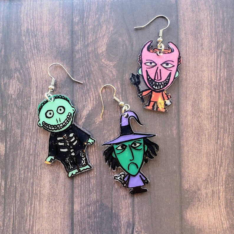 Shrinky dink earrings. Lock Shock and Barrel earring set Oogie boogie henchmen Halloween earrings Nightmare before Christmas earrings