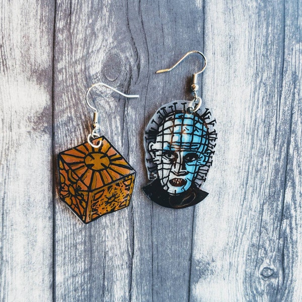 Hellraiser earrings. Pinhead earrings. Lament Configuration puzzle box. Clive Barker. Halloween earrings. Mismatched earrings.