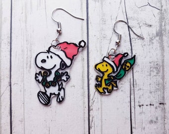 Snoopy and Woodstock winter earrings. Charlie Brown Christmas earrings. Santa snoopy and Santa Woodstock. Jingle bells earrings.