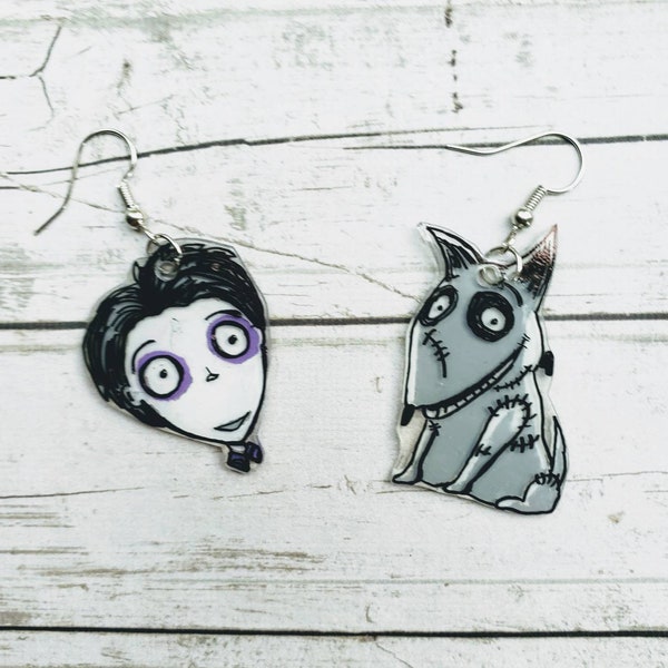 Frankenweenie earring set. Vincent and Sparky mismatched earrings. Halloween earrings. Spooky earrings.