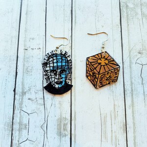 Hellraiser earrings. Pinhead earrings. Lament Configuration puzzle box. Clive Barker. Halloween earrings. Mismatched earrings. image 3