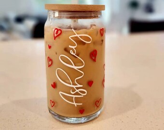 Vaso personalizado con tapa de bambú / Regalo de San Valentín / Lindo vaso / Vaso de café helado / Regalo