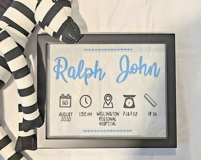 New Baby Boy Gift- New Baby Girl Gift- Personalized Birth Announcement Details/Stats in Floating Glass Frame-Nursery Decor