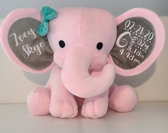 Birth Stats/Elephant/New Baby/Newborn/Gift/Baby/Stuffed Elephant/Stuffed Animal/Personalized