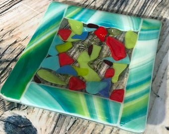 Blue green square fused glass plate