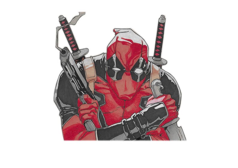 May include: A red and black superhero character with a mask, holding two swords and a gun. The character is wearing a red and black suit with a belt and a holster.