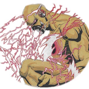 May include: A hand-drawn illustration of a superhero with a lightning bolt design on their chest, surrounded by red and white lightning bolts.