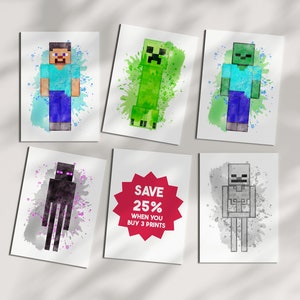 Impresión de acuarela de Minecraft, póster, arte de pared, enredadera, zombi, esqueleto, Enderman, Steve, juegos, jugador, dormitorio de niños, niños, regalo