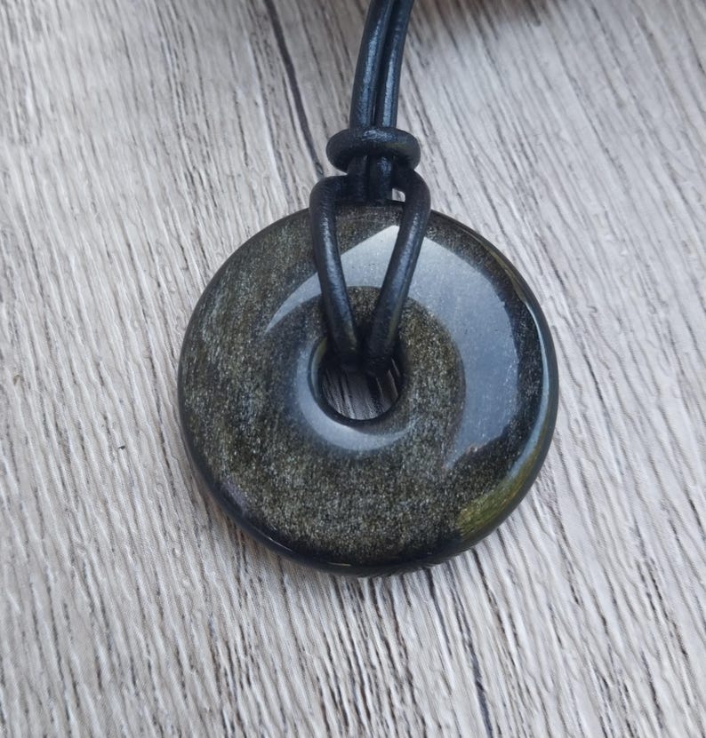 Golden Obsidian Donut Leather Cord Pendant Necklace Pi Circle Stone