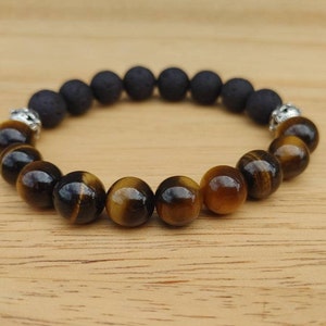10mm Tiger Eye with Lava stone beads & Tibetan Silver Spacers - Aromatherapy Stretch Bracelet - Diffuser Bracelet -