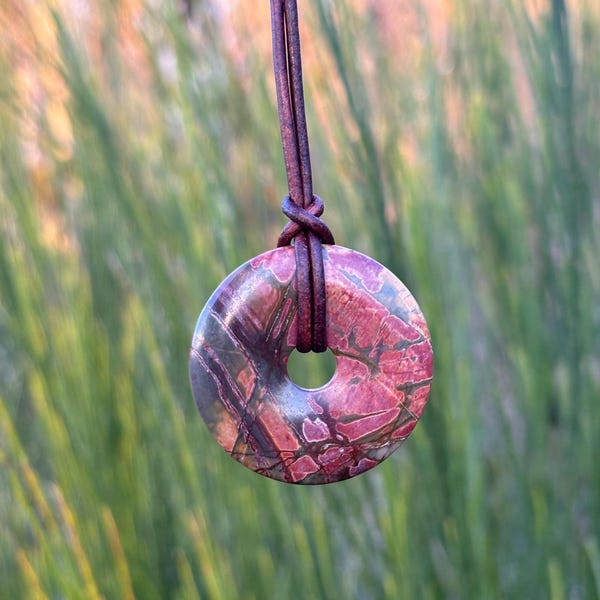 Red Creek Jasper Large 40mm Donut Stone Pi Circle Pendant Leather Cord Necklace Simple daily wear Men Women Beautiful Earth Tones multicolor