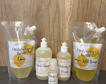 Liquid Dish Soap Eco friendly with plant derived gentle surfactants and essential oils or unscented push pull cap top lathers works great