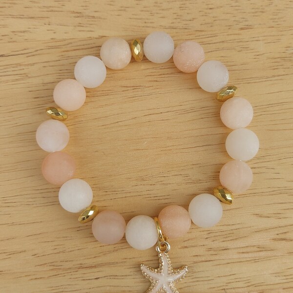 10mm Matte Frosted Pink Adventurine Stretch Bracelet with gold tone faceted spacer beads & Starfish Charm / Gift for her / Feminine Pastels