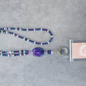 Purple and Teal Lanyard Banded Agate, Jade, Tigers Eye, and Crystals. Beaded Gemstone Badge ID Holder Necklace. Bright happy colors. Sparkly