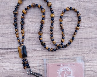 Tiger Eye Blue Goldstone Sandstone Beaded Lanyard - ID Badge Holder Necklace - Work School Cruise Gift Brown and Blue Neutral and Sparkly