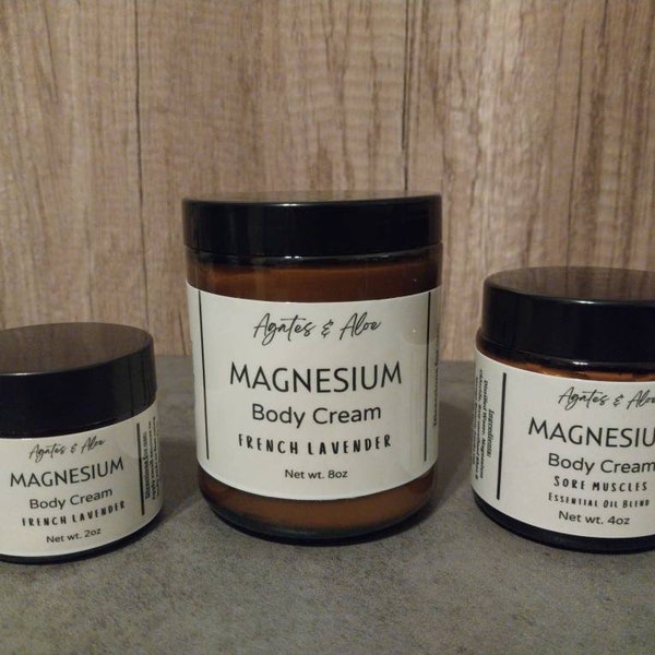 Magnesium Chloride Cream Lotion Rub. Scent and size options in amber glass jars. Handmade - known to help with sleep, sore muscles, pain