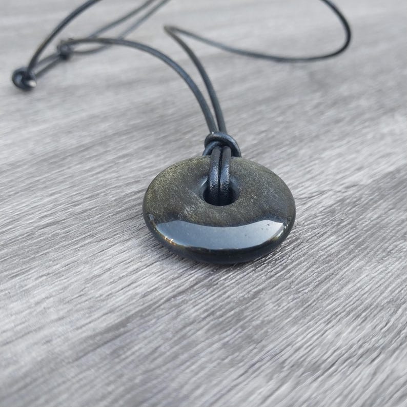Golden Obsidian Donut Leather Cord Pendant Necklace Pi Circle Stone