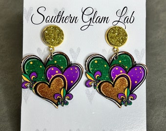 Mardi Gras Earrings, Mardi Gras Heart Earrings, Carnival Earrings, Fat Tuesday, Wooden Earrings