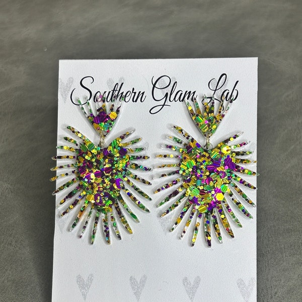 Mardi Gras Glitter Earrings, Purple, Green, & Gold, Parade Earrings, Mardi Gras Ball Earrings, Glitter Earrings, Queen Earrings