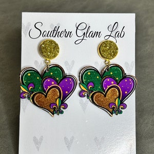 Mardi Gras Earrings, Mardi Gras Heart Earrings, Carnival Earrings, Fat Tuesday, Wooden Earrings