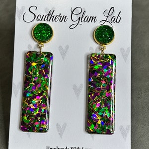 Mardi Gras Glitter Earrings, Purple, Green, & Gold, Parade Earrings, Mardi Gras Ball Earrings, Glitter Earrings,Rectangle Glam Earrings