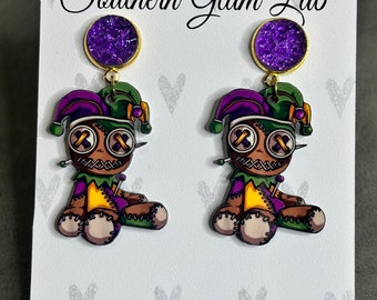 Mardi Gras Earrings, Mardi Gras Voodoo Doll Earrings, Carnival Earrings, Fat Tuesday, Wooden Earrings