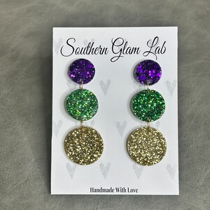 Mardi Gras Earrings, Purple, Green, & Gold, Parade Earrings, Mardi Gras Ball Earrings, Carnival, Dangle Glitter Earrings