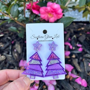 Glitter Christmas Tree Earrings, Purple Glitter Tree Earrings, Lightweight Dangle Earrings, Christmas Earrings
