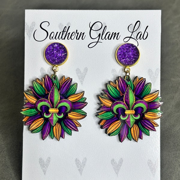 mardi gras flower earrings