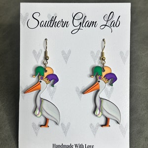 Mardi Gras Earrings, Mardi Gras Pelican Earrings, Carnival Earrings, Fat Tuesday, Wooden Earrings