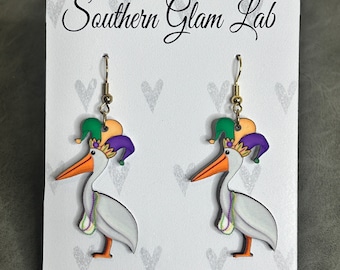 Mardi Gras Earrings, Mardi Gras Pelican Earrings, Carnival Earrings, Fat Tuesday, Wooden Earrings