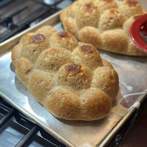 May include: Two loaves of freshly baked bread, golden brown with a slightly darker crust, sit on a baking sheet. The bread has a unique, rounded shape, resembling a cluster of rolls. The sheet rests on a stovetop.
