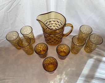 Vintage 1957-64 Amber Optic Dot or Thumbprint Pitcher Set with Three nested Cs maker's mark: Continental Can Company