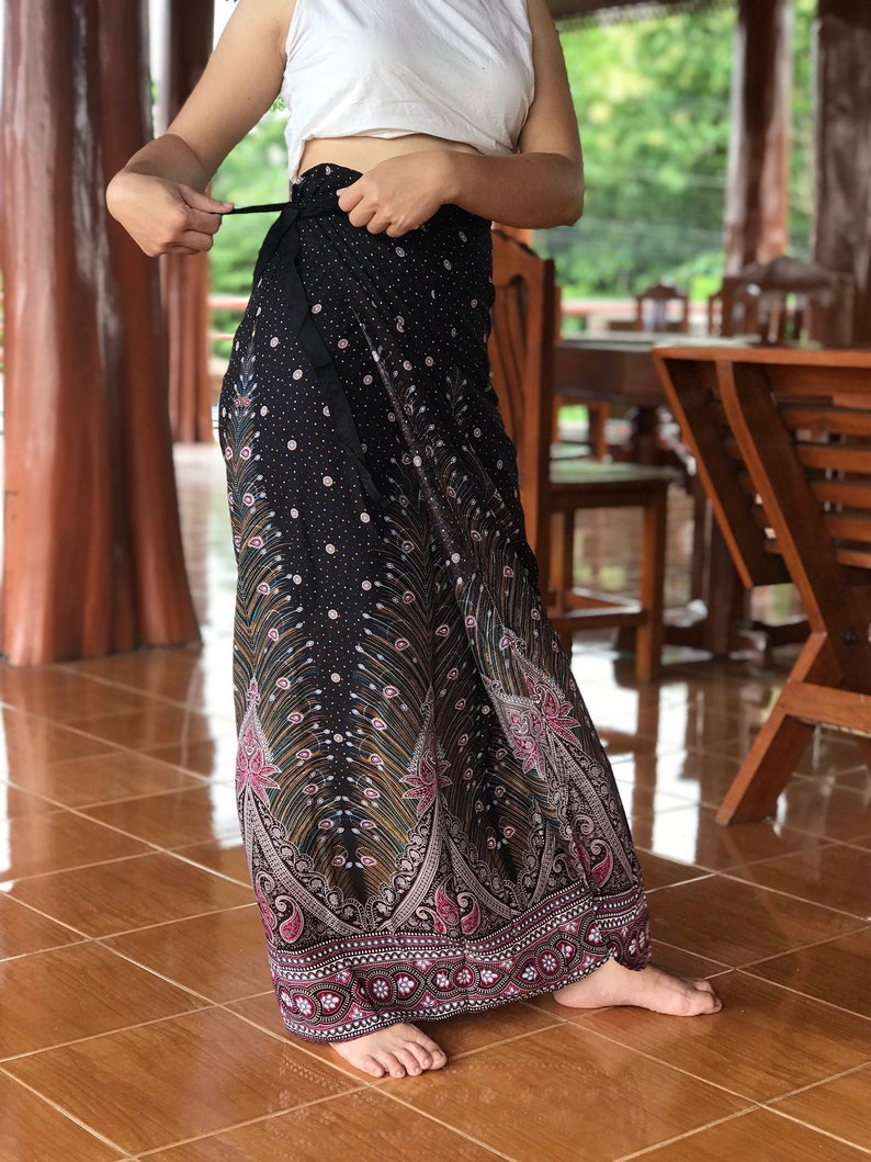 Brown Peacock Thai Woman Skirt Flowy Long Wrap Skirt Boho Etsy