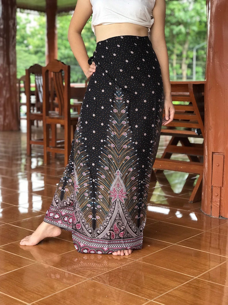 Brown peacock Thai Woman skirt Flowy Long wrap skirt Boho Etsy