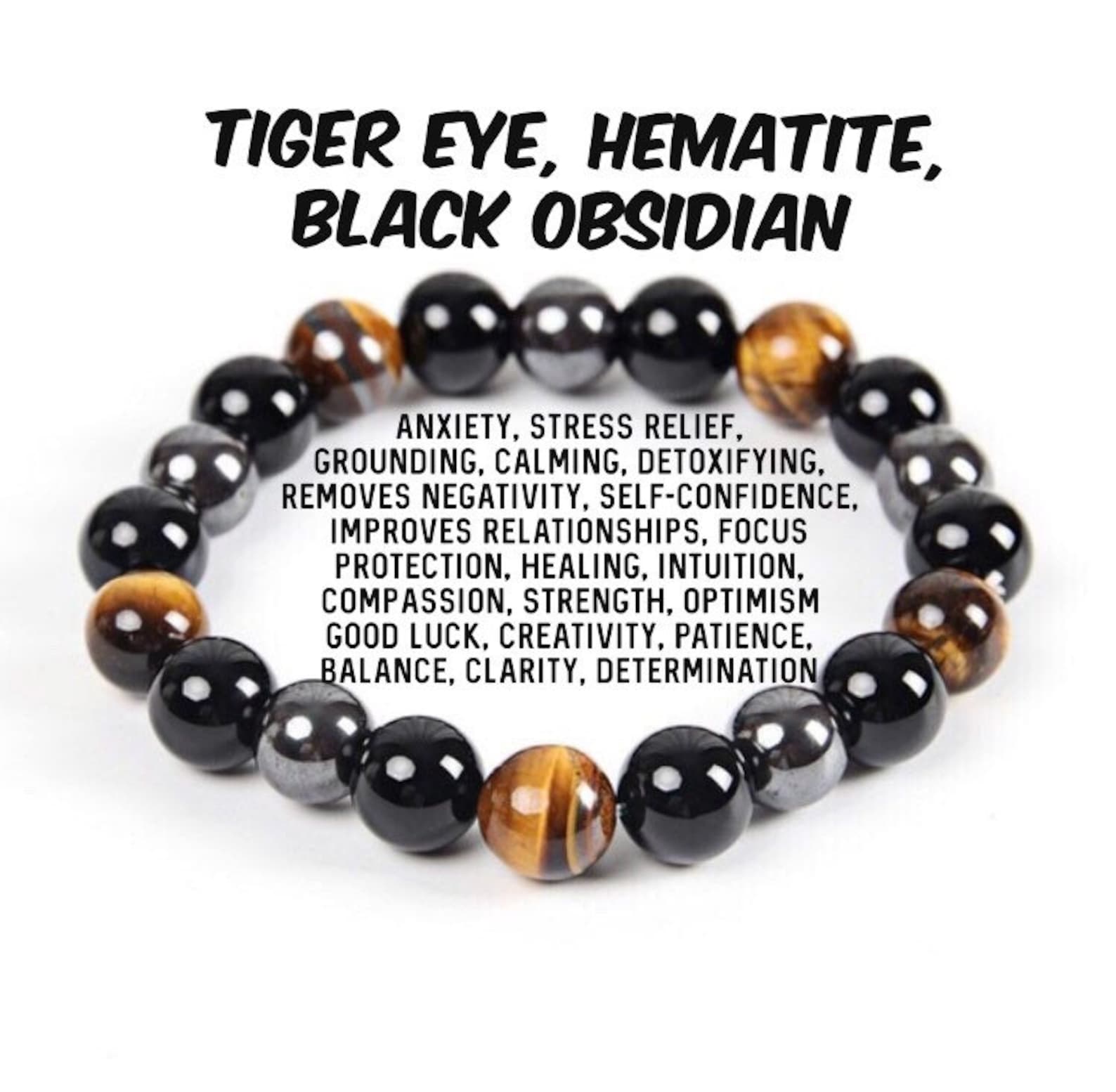 Triple Protection Stone Bracelet – Hematite, Tiger Eye & Black Tourmaline Beads For Energy, Health & Balance