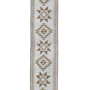 Ivory and Tan Modern Boho Chic Turkish Handmade Wool Rug Runner, Vintage Oushak Runner Rug, Corridor Carpet, Long Hallway Rug, 2&#39;9&#39;&#39;x12&#39;4&#39;&#39;