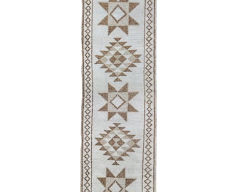 Organic Modern Hallway Runner 2.9x12.4 ft – Vintage Turkish Oushak Ivory Mocha