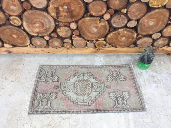 Bathroom Floor Mat 2x3 – Vintage Turkish Oushak Small Hand-Knotted Wool Cotton Rug