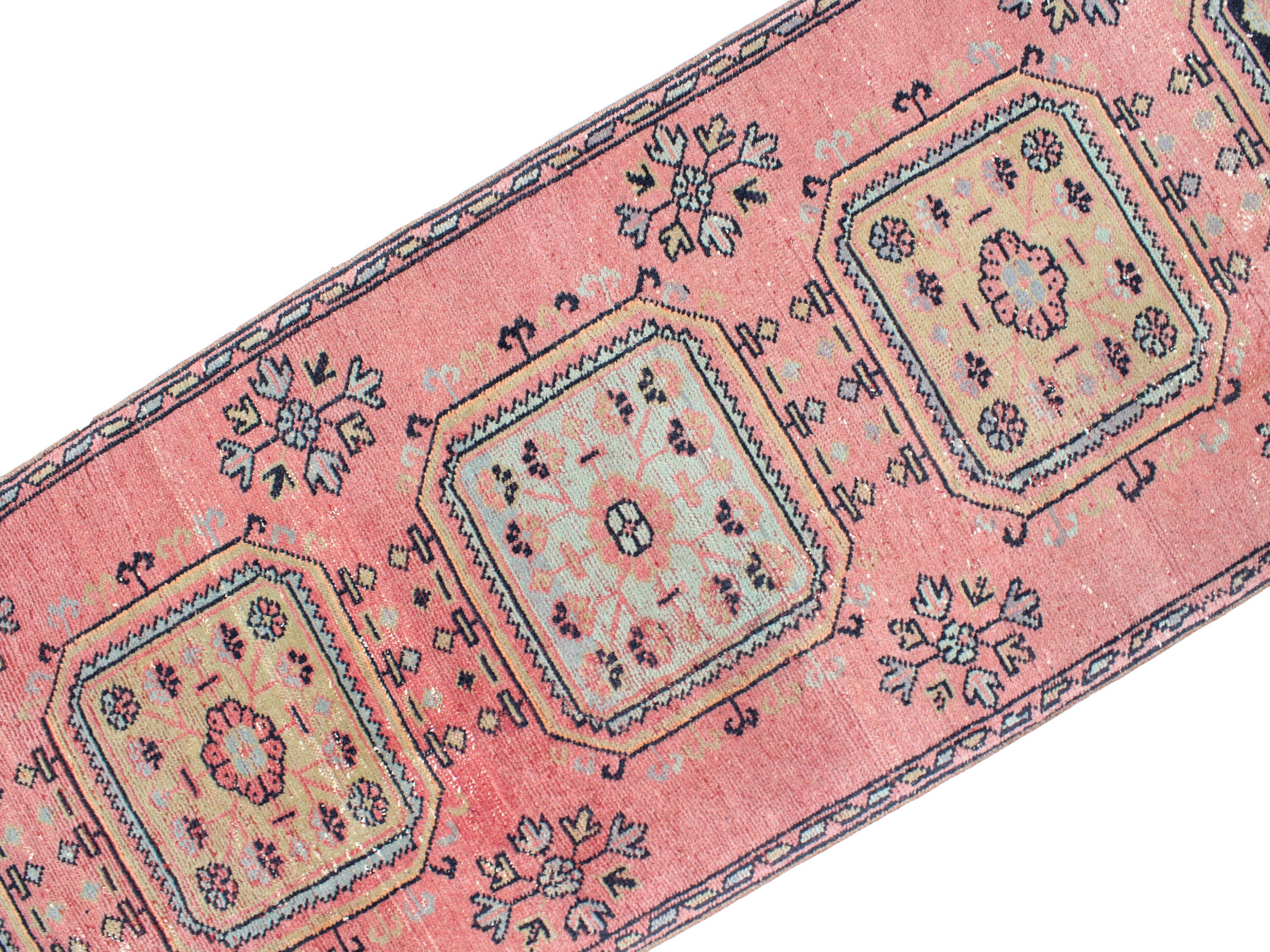 Pink Blue Green Vintage Rug Runner, Faded Oushak Rug, Turkish Kitchen