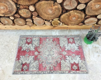 Tapis vintage en laine turque : tapis Oushak rose, petit chemin (1 pi 6 po. x 2 pi 5 po.)