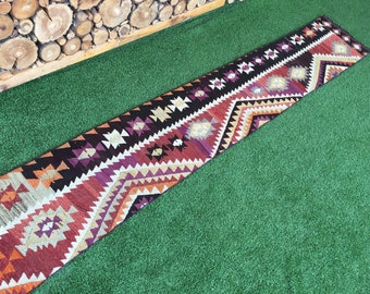 Vintage Turkish Kilim Runner Rug: Boho Geometric Hallway Rug (1'10"x11')