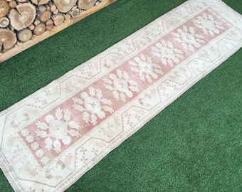 Vintage Turkish Oushak Runner Rug: Rose Gold Tan, Bohemian Hallway Carpet (2'8"x9'3")
