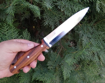 Può includere: Un coltello in acciaio inossidabile con manico in legno. Il manico è in legno marrone scuro con due punti bianchi su ogni lato. Il coltello è tenuto in una mano su uno sfondo verde.