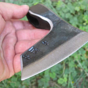 May include: A small, hand-forged axe with a black handle and a silver blade. The blade has a slight curve and is sharpened on one side. The axe is held in a hand, and the background is blurred.