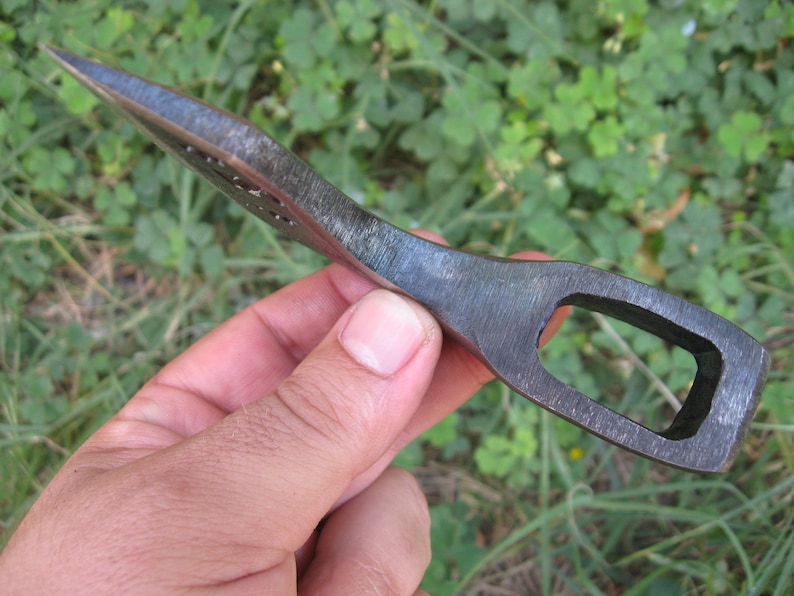 May include: A small, hand-forged axe head with a hole in the top for a handle. The axe head is made of steel and has a dark gray finish.