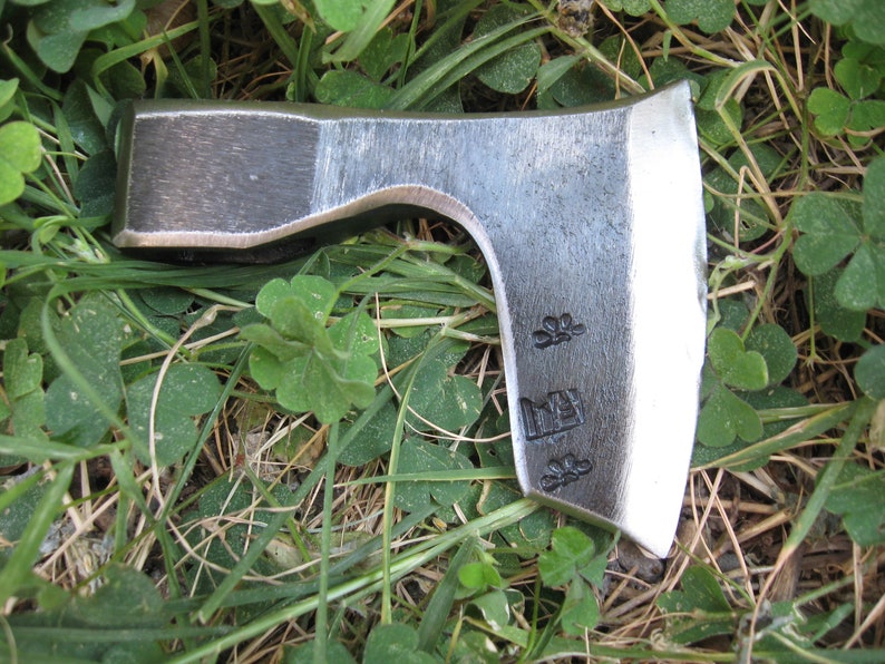 May include: A small, hand-forged axe with a curved blade and a wooden handle. The axe has a silver finish and is lying on a bed of green grass.