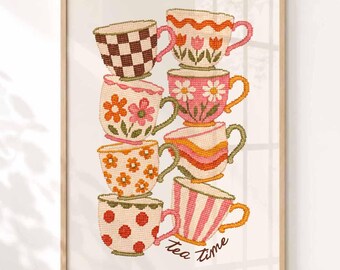 Tea Time Decor, Retro Kitchen Art, Eclectic Kitchen Wall Art, Grandmillennial Cottagecore Print