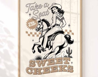 Take a Seat Sweet Cheeks Cowgirl Bathroom Print, Funny Western Bathroom Signage, Above the Toilet Humour Wall Art, Modern Farmhouse Decor