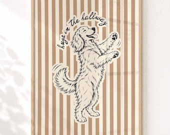 Hugs In The Hallway Print, Golden Retriever Wall Art, Hand Drawn Funny Dog Decor